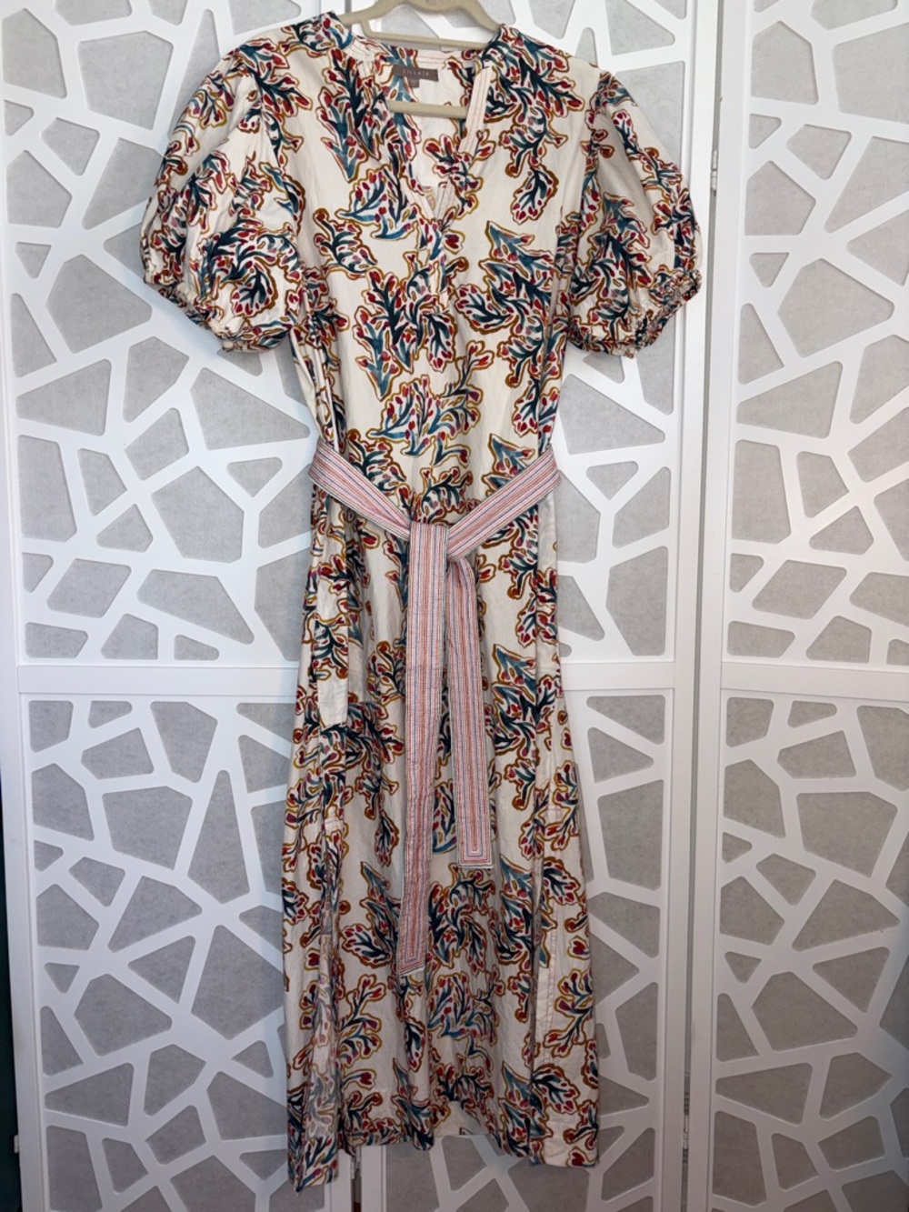 Block Print Cream Maxi Dress with Belt